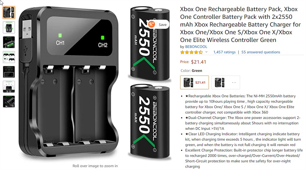 Amazon.com Xbox One Rechargeable Battery Pack, Xbox One Controller Battery Pack with 2x2550 mA...jpg