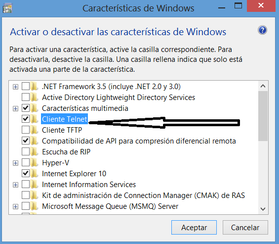 Caracteristica de Windows Telnet activada.png