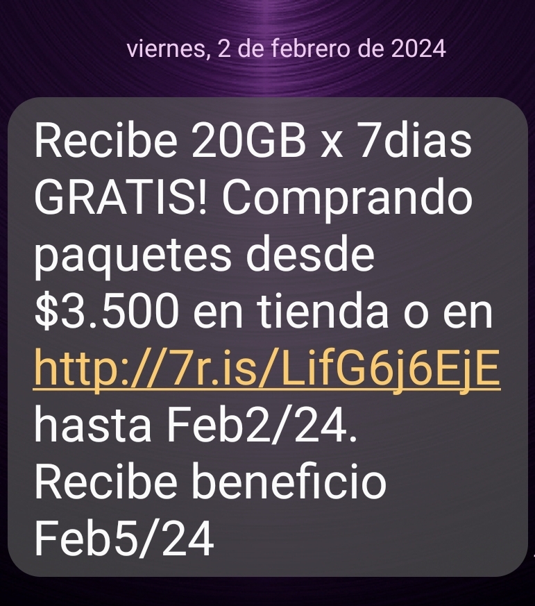 Movistar Regalo prepago 20GBx7dias comprando paq. desde $3500_20240202_Messages.jpg